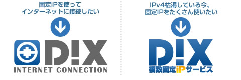 固定IPアドレスを使ってインターネットに接続したい ⇒ DIX | IPv4枯渇している今、固定IPアドレスをたくさん使いたい ⇒ DIX 複数固定IPアドレスサービス